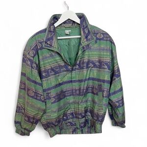 COACO Vintage 80s 90s 100% Silk Bomber Jacket Aztec Emerald Green Violet Gold PL